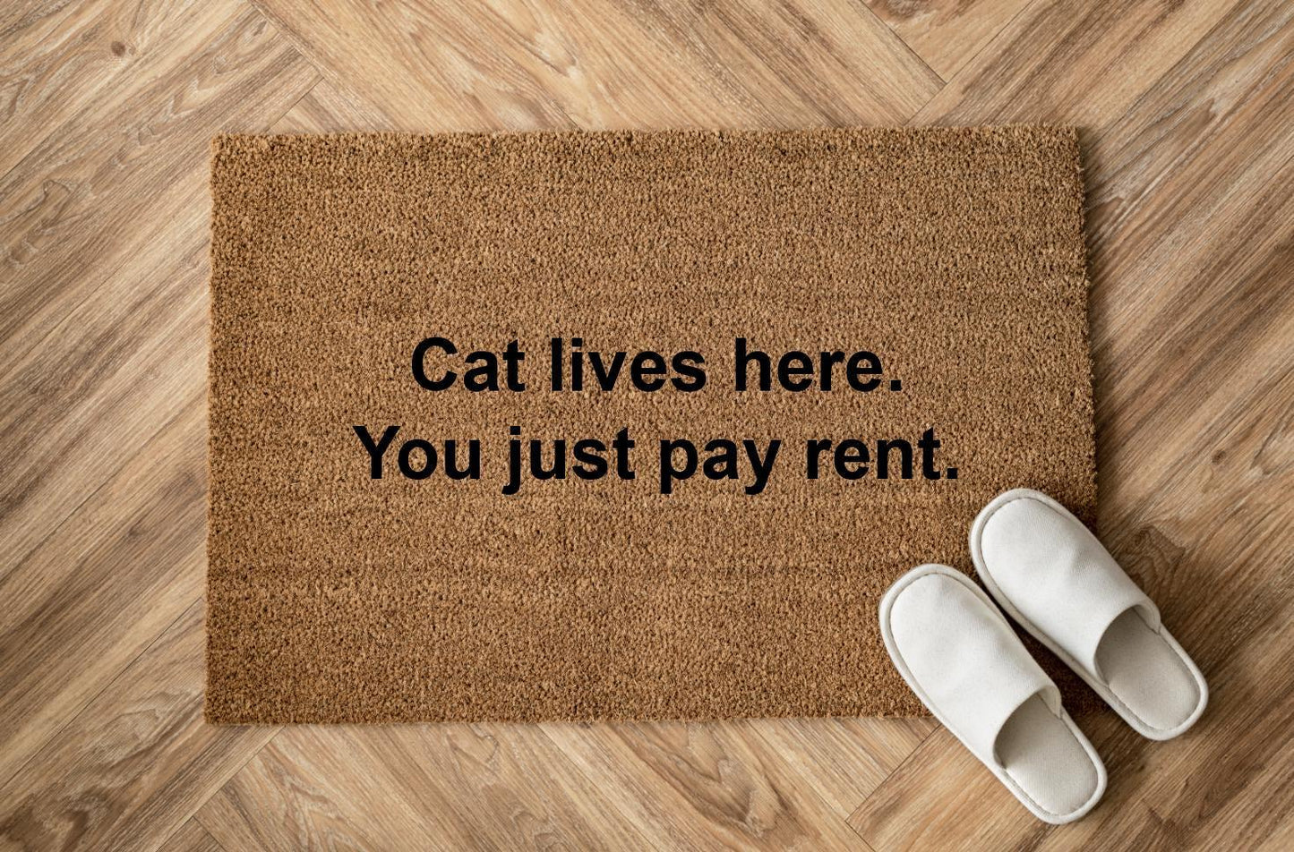 Cat lives here. You just pay rent. Zerbino Personalizzato in Fibra di Cocco – Incisione Laser – Welcome Mat Ingresso Casa